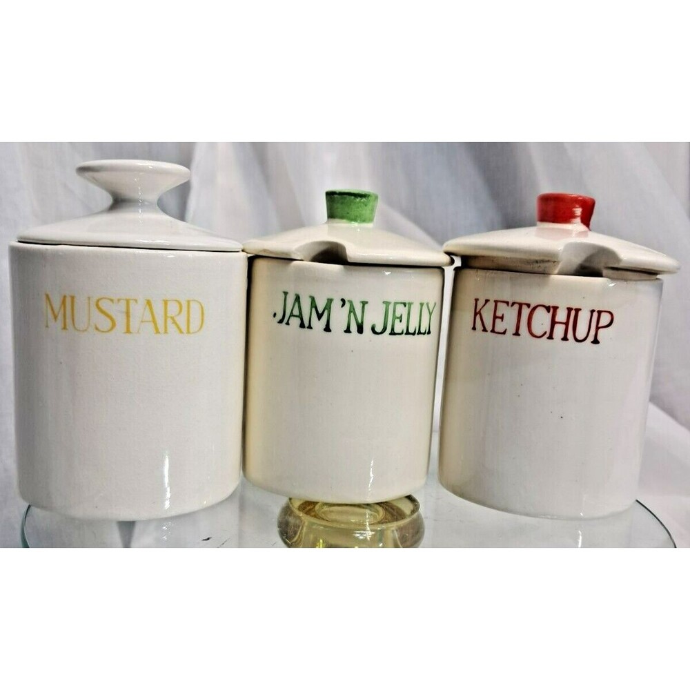 Vintage 60's Kitchen King Condiment Set Jam Jelly Ketchup Mustard FLAW